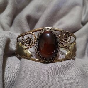 Rare Vintage Hecho En Mexico Large Hematite Stone Brass Bracelet